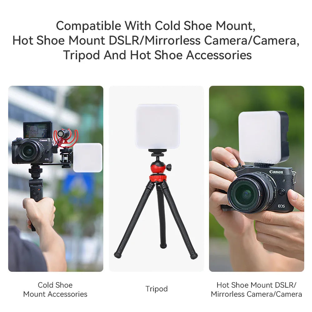 Small square LED camera flash on a mini tripod, showing rotatable head and compact size.
