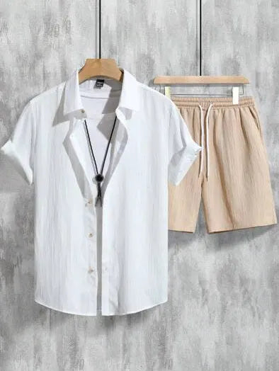 Men's casual Hawaiian shirt and shorts set in picture colour with short sleeves and elastic polyester fabric