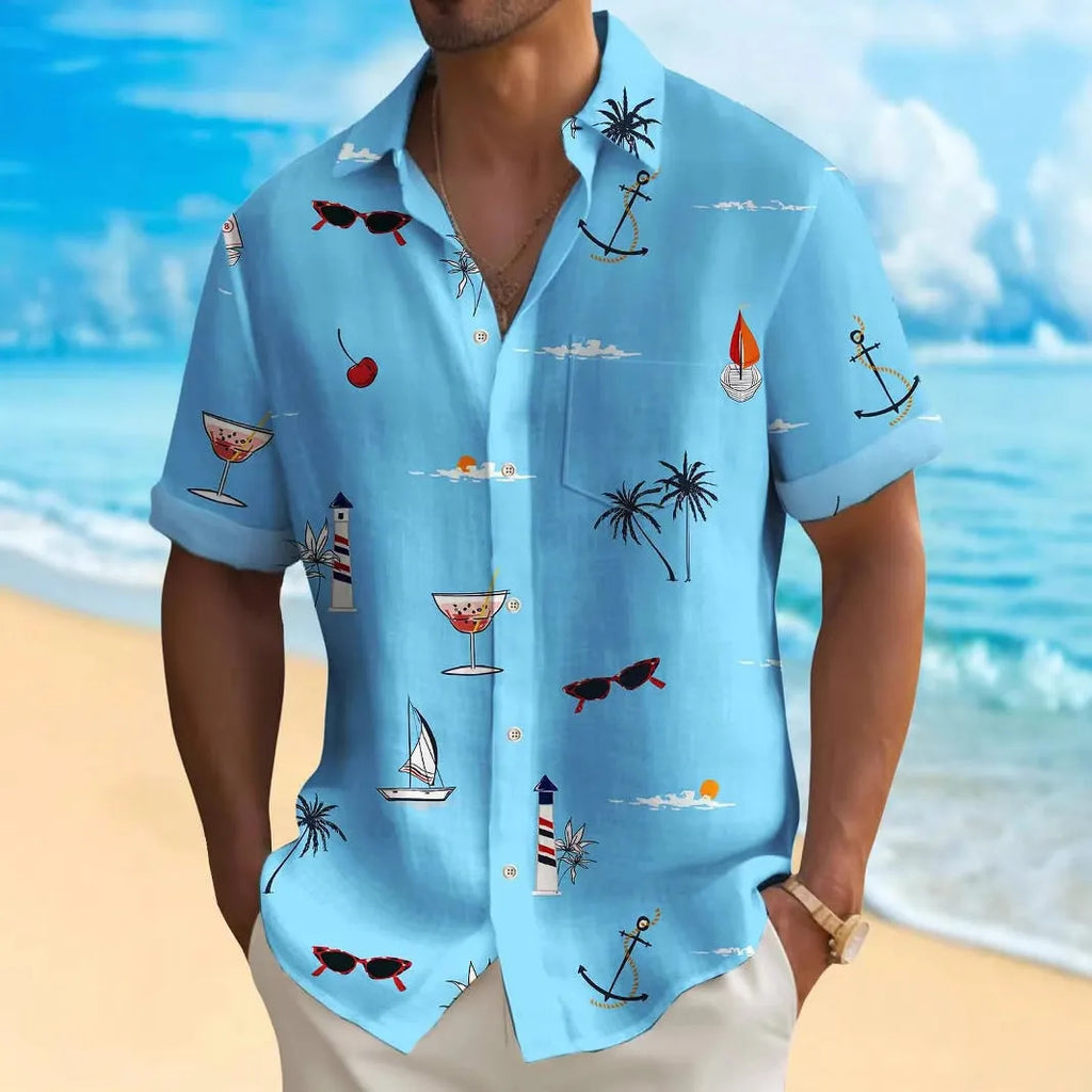 Men's digital print Hawaiian shirt with tropical pattern on polyester fabric in loose fit