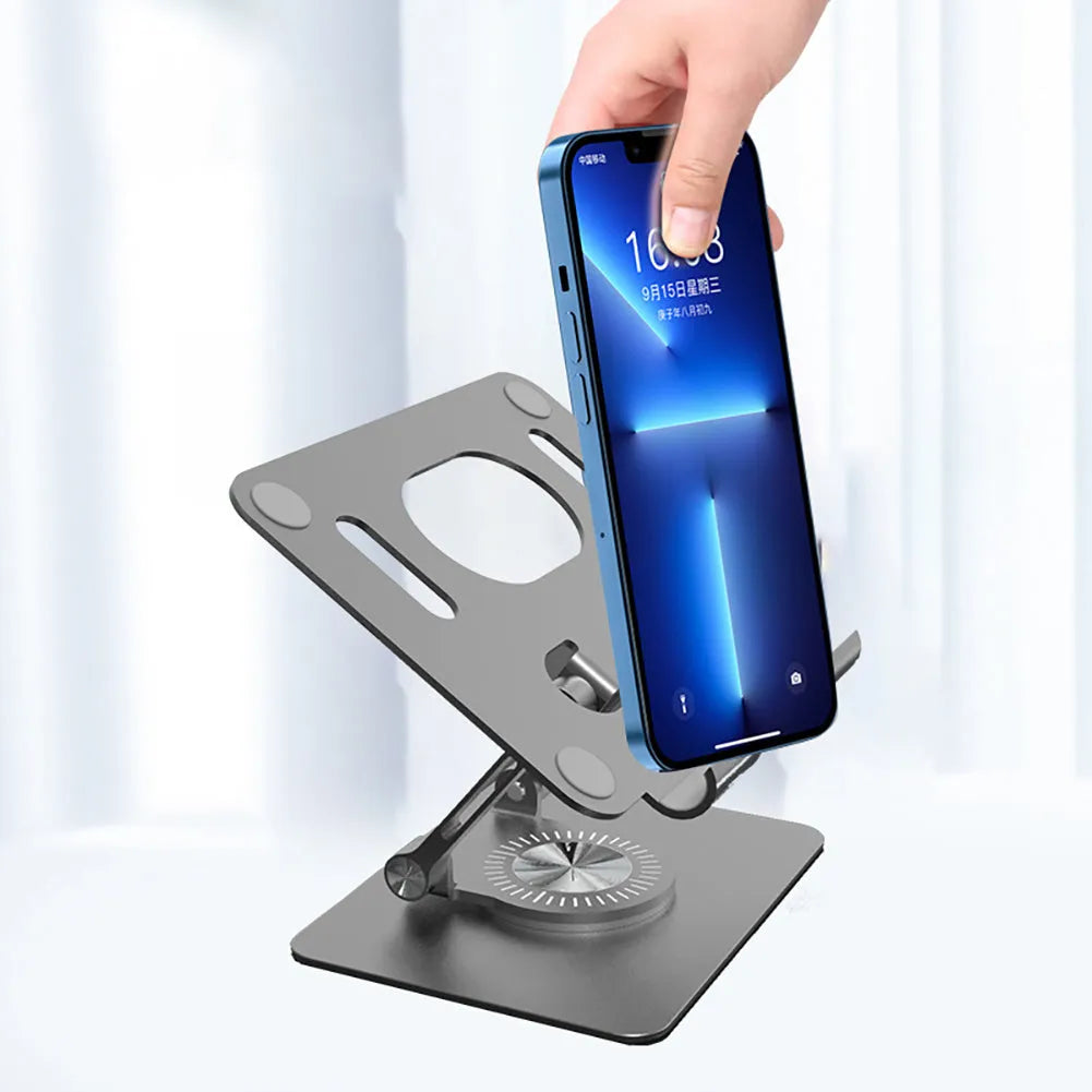 Rotating flat tablet stand in Technology Silver with aluminium plate and metal base on desk