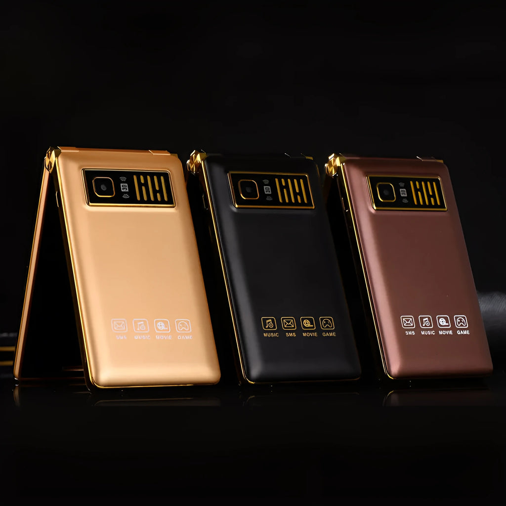 A15 dual screen flip mobile phone in black showing open 3-inch touchscreen and closed 1.44-inch external screen.
