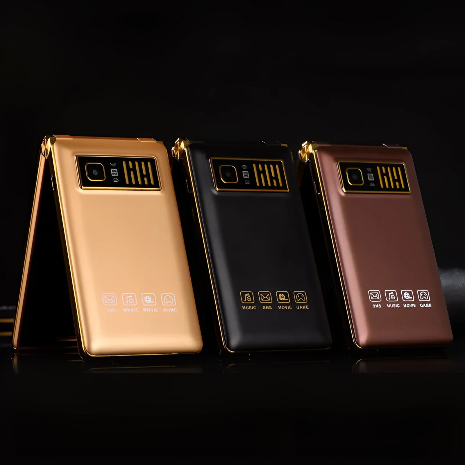 A15 dual screen flip mobile phone in black showing open 3-inch touchscreen and closed 1.44-inch external screen.