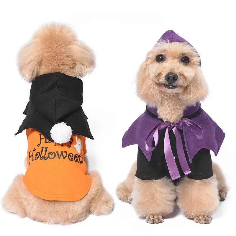 Black and orange Halloween pumpkin print two-piece dog clothes set with sweater and shawl