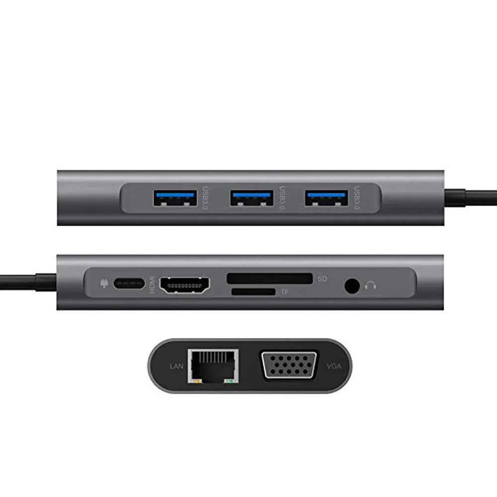 Grey USB-C to HDMI ten-in-one expansion dock with ports for 4K, VGA, Ethernet, USB 3.0, card readers, and audio jack