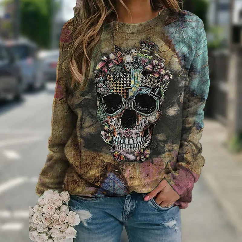 Black long sleeve sweatshirt with a large printed skull graphic on the front.