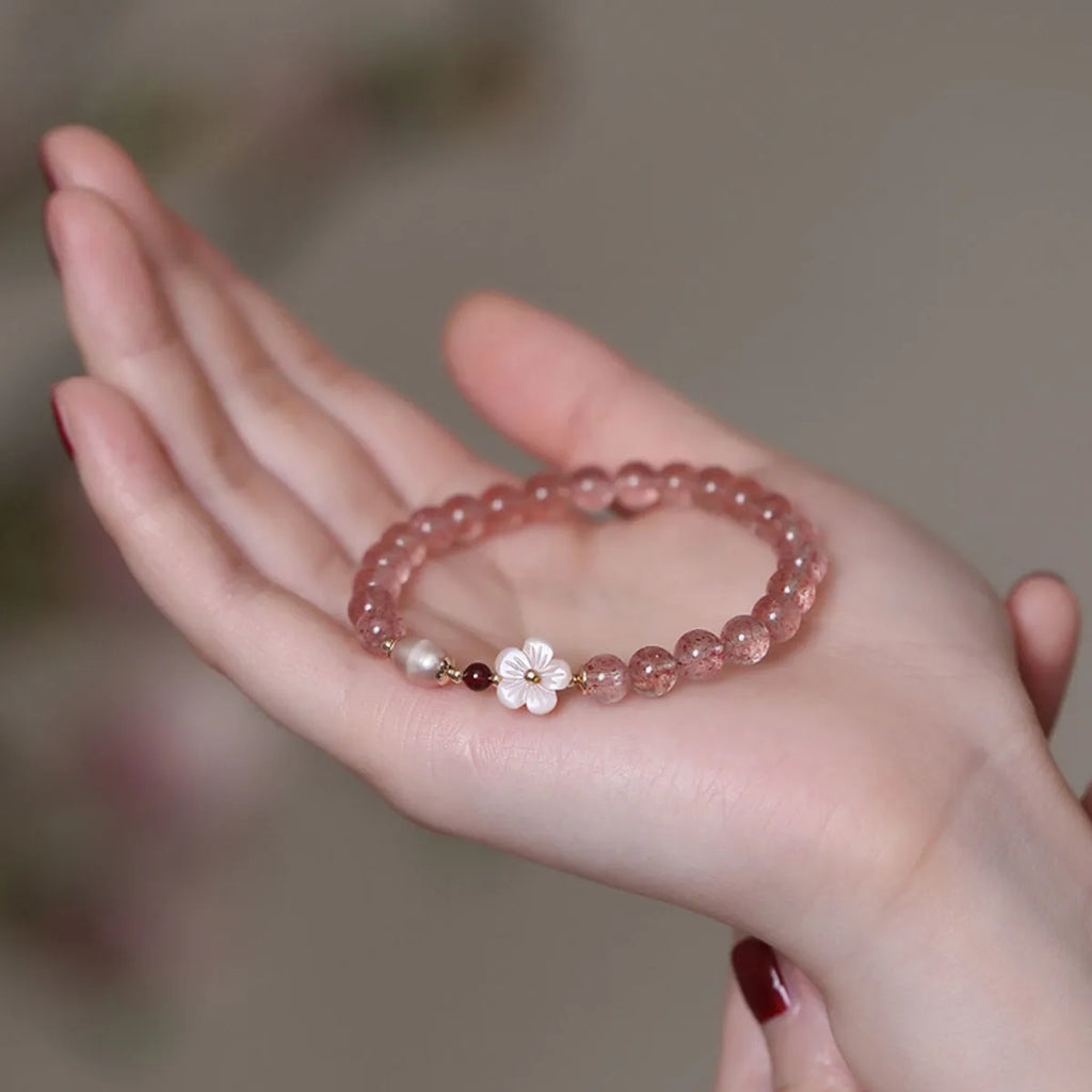 Strawberry quartz peach blossom crystal bracelet with adjustable length for women