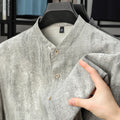 Men's loose fit linen blend shirt with stand collar in black grey colour