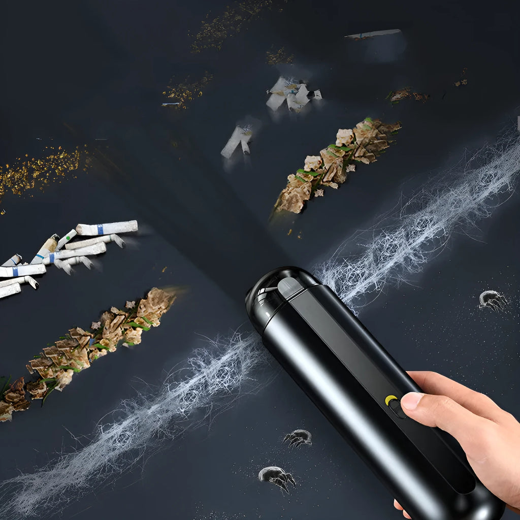 Starry Sky Black wireless handheld car vacuum cleaner with blowing hose on a car seat