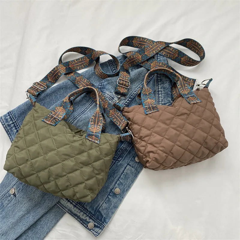 Oxford cloth shoulder messenger bag in khaki colour with single strap and sandwich pocket design