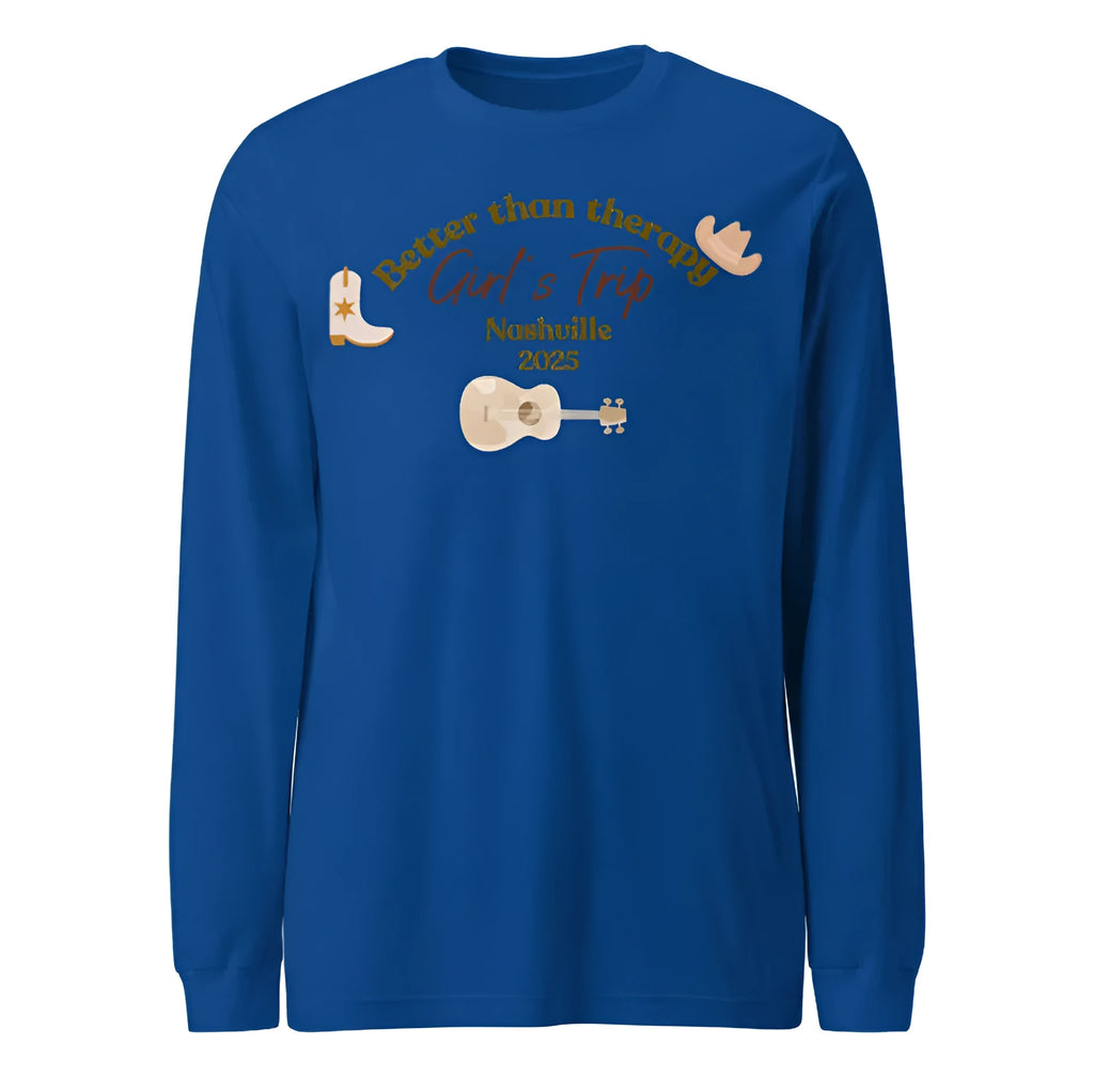 Blue men's loose fit sweater with printed letter patterns showing front view and round neck design