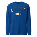 Blue men's loose fit sweater with printed letter patterns showing front view and round neck design