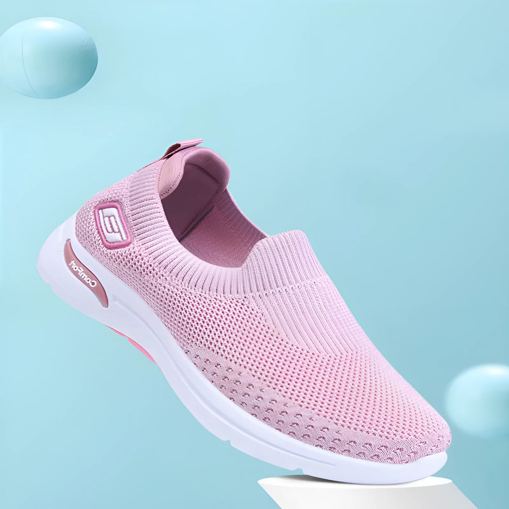 Women's casual soft bottom socks sneakers in solid colour, low top mesh upper with front lace-up, flat heel