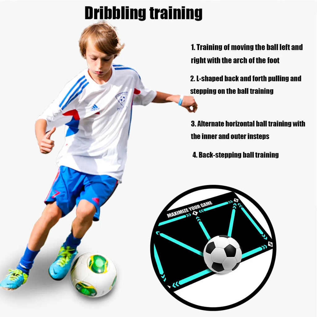 Black rectangular football training mat on floor for ball control practice drills