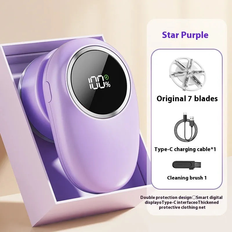 Beige and purple digital display USB rechargeable fur ball trimmer with multiple cutter head options.
