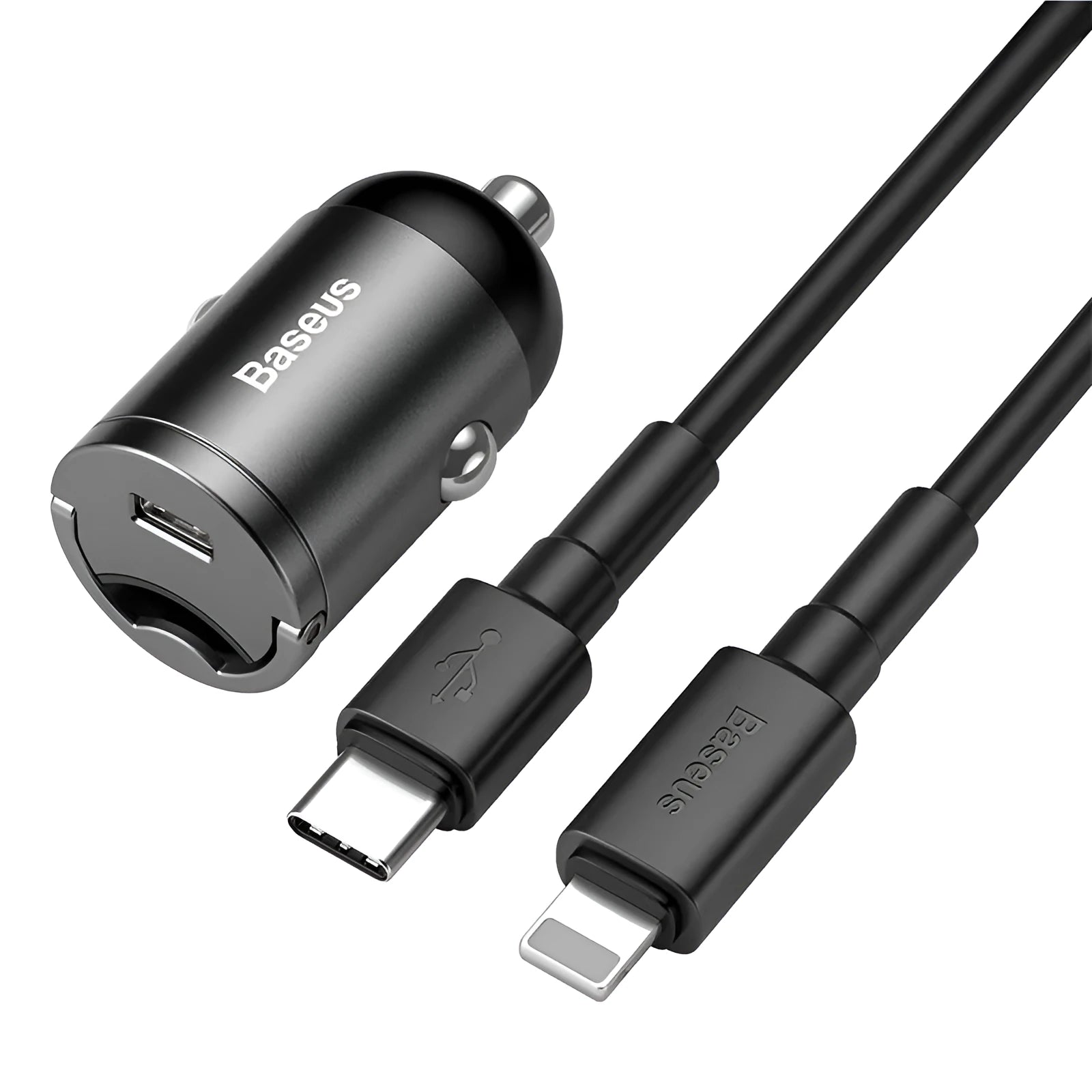 Baseus Huixiaoxing grey 30W car charger with 1-metre cable plugged into vehicle socket