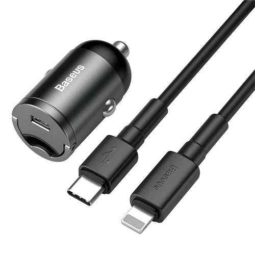 Baseus Huixiaoxing grey 30W car charger with 1-metre cable plugged into vehicle socket
