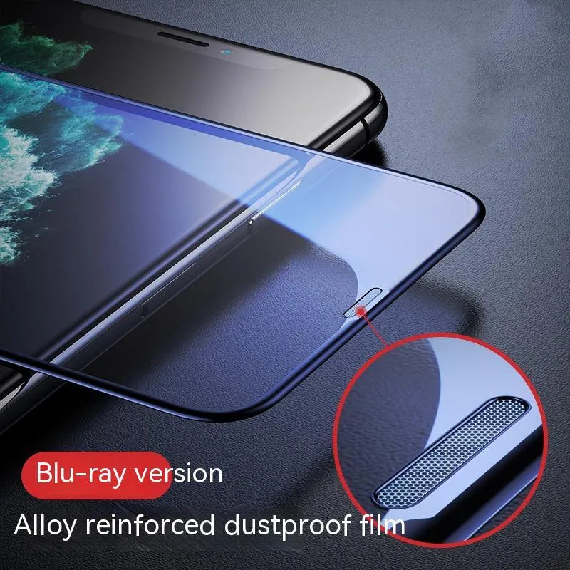 iPhone tempered glass screen protector with dustproof net edge and privacy filtering option applied to iPhone 14