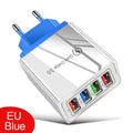 Multi-port 3.1A USB charging head with four ports and interchangeable UK EU US plugs in black colour