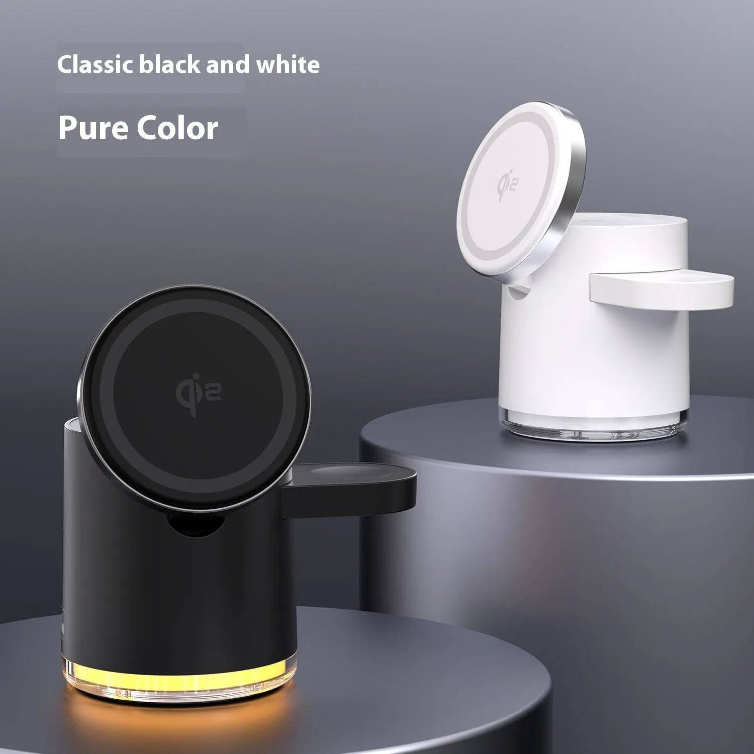 C16 portable magnetic three-in-one wireless folding charger in black and ivory white colours showing folded and open positions