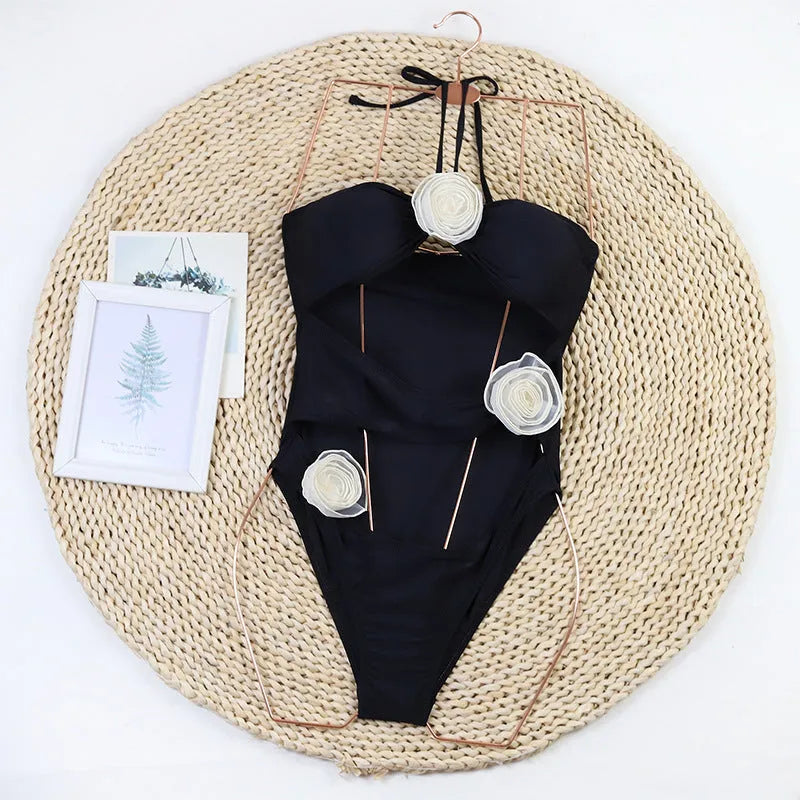 Women's black and blue stripe 3D floral one-piece swimsuit with bikini styling