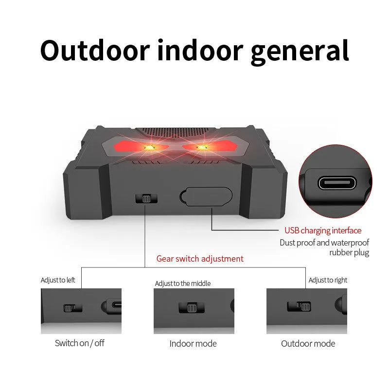 Black solar powered ultrasonic animal repeller outdoor device with flashing LED lights for garden pest control