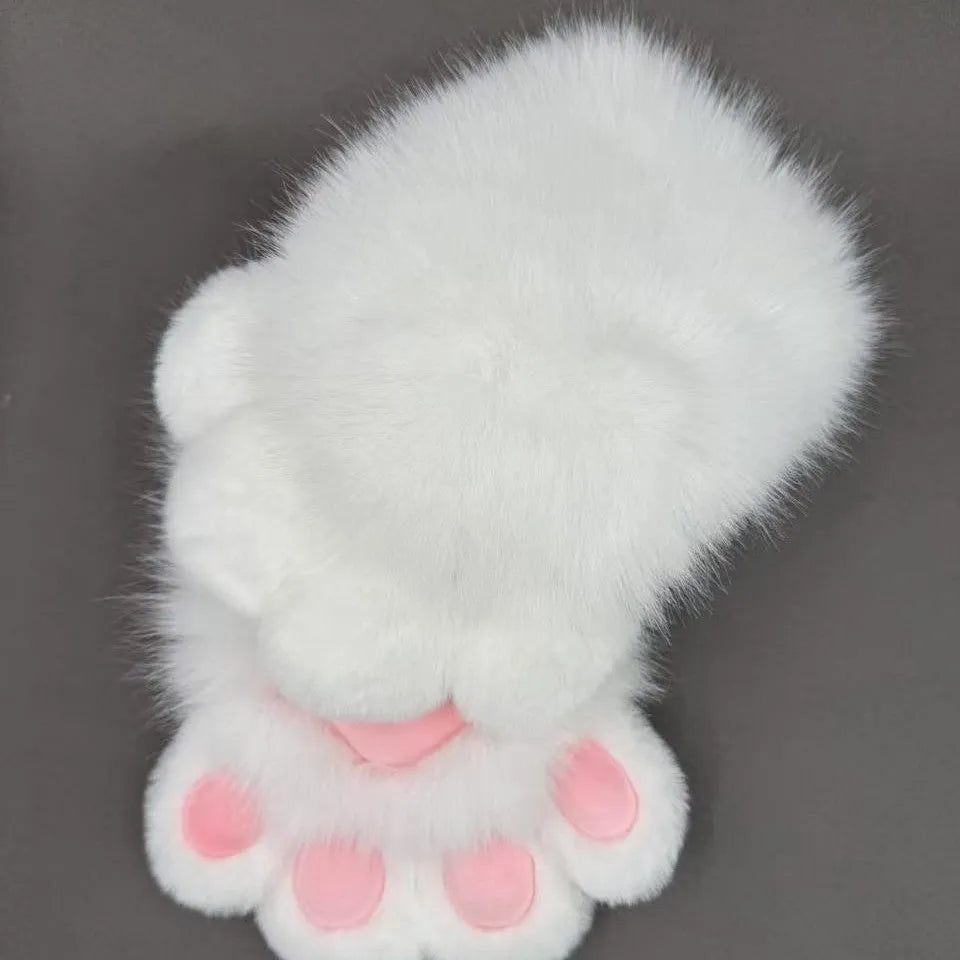 A pair of fingerless animal claw cosplay gloves in a white and pink colour combination with a coloured pad on the back.