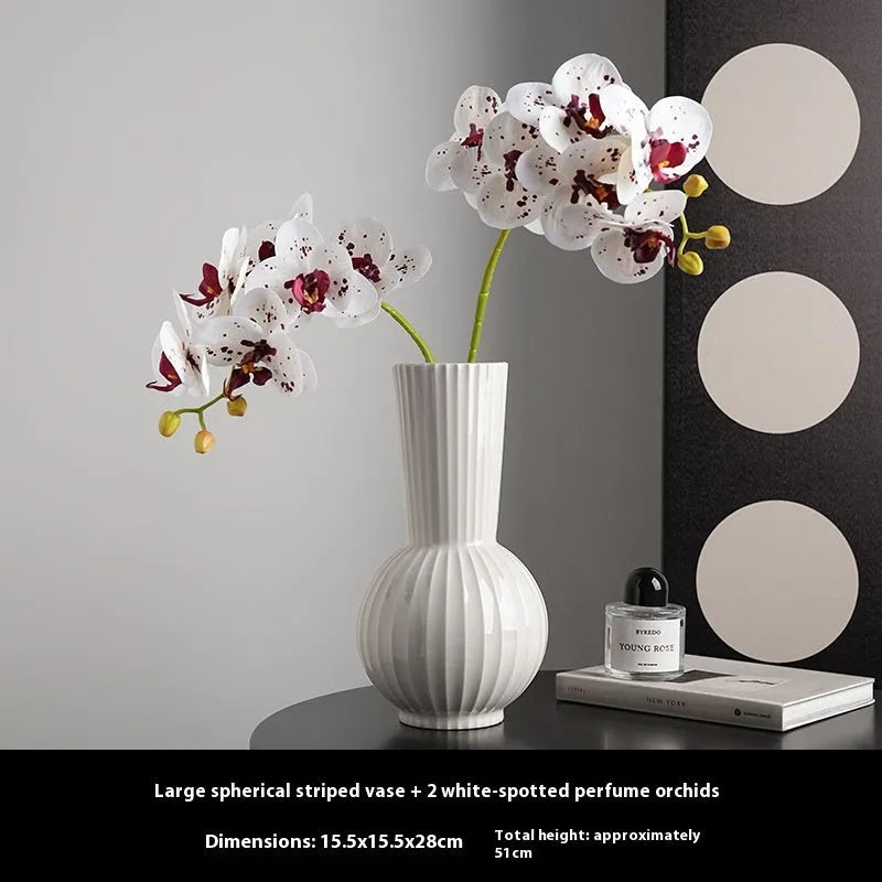 White American country style ball striped ceramic vase with orchid arrangement