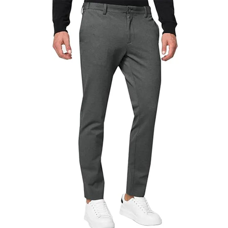 Men's tapered slim-fit chino trousers in army green with stretch fabric and mid-waist design