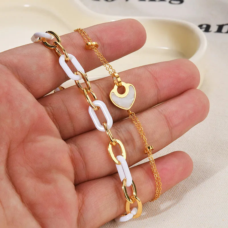 Women's stainless steel and resin bracelet with double-layer heart design in ins style