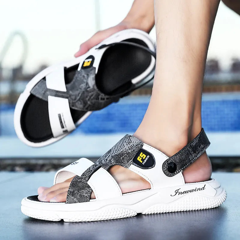Grey microfiber leather mens beach sandal with open toe and non-slip PVC sole