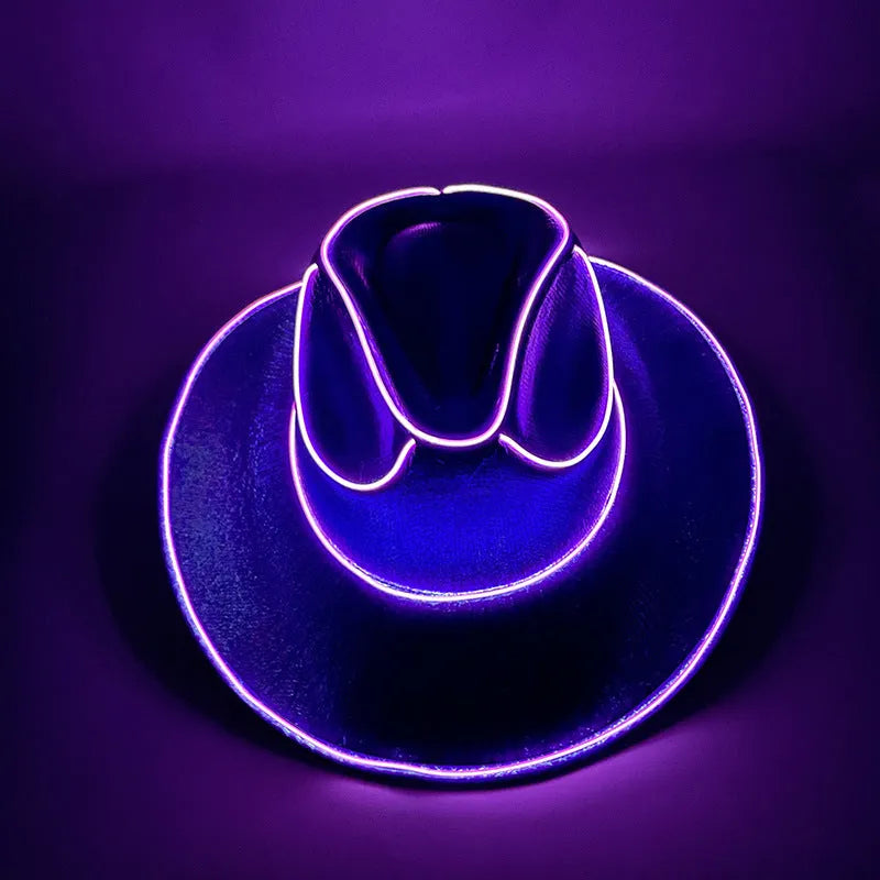 LED wireless fluorescent cowboy flashing hat in green, front view, EVA and EL wire construction, average size