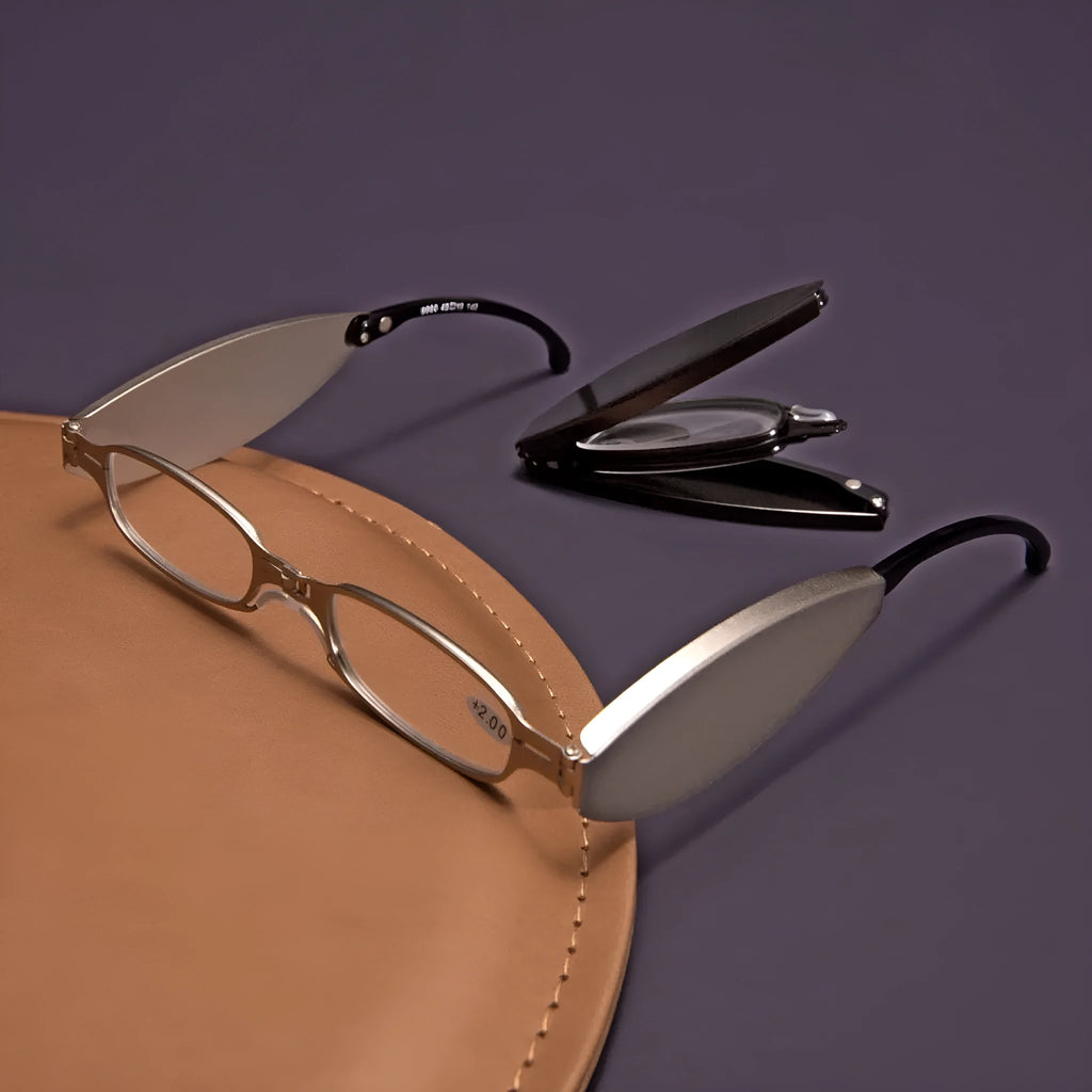 Black retro-style folding reading glasses for men, shown open and folded for pocket storage.
