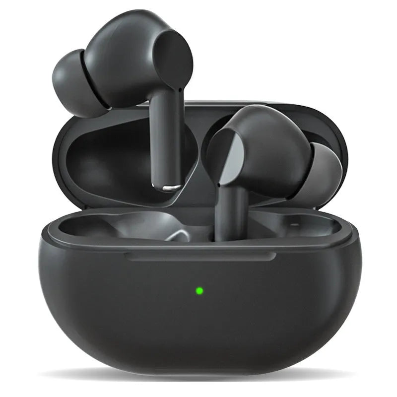 Black Pro4 Bluetooth wireless earbuds and charging case on a white background