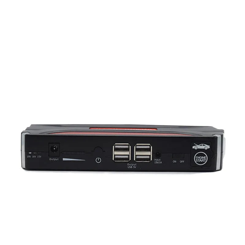 Black red vehicle emergency starting power supply showing compact design with safety protection features