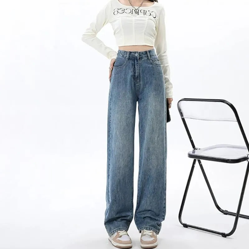 Women's retro blue high waist wide leg jeans with straight leg cut and stretch denim fabric