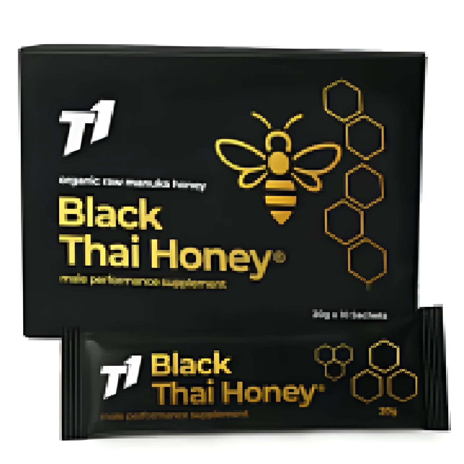 Glass jar of T1 Black Thai Honey showing dark black-coloured honey inside.