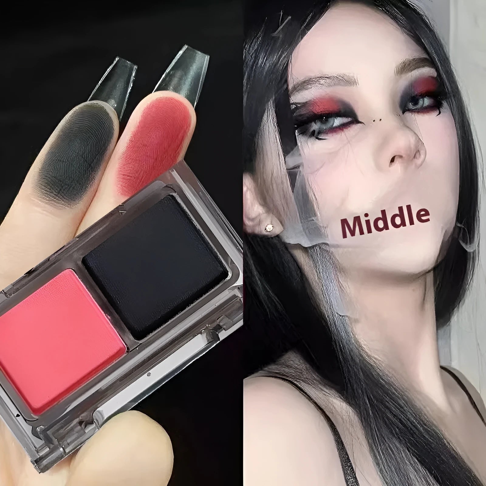 Cool two-tone eyeshadow plate showing pink and black shades with matte and shimmer finishes