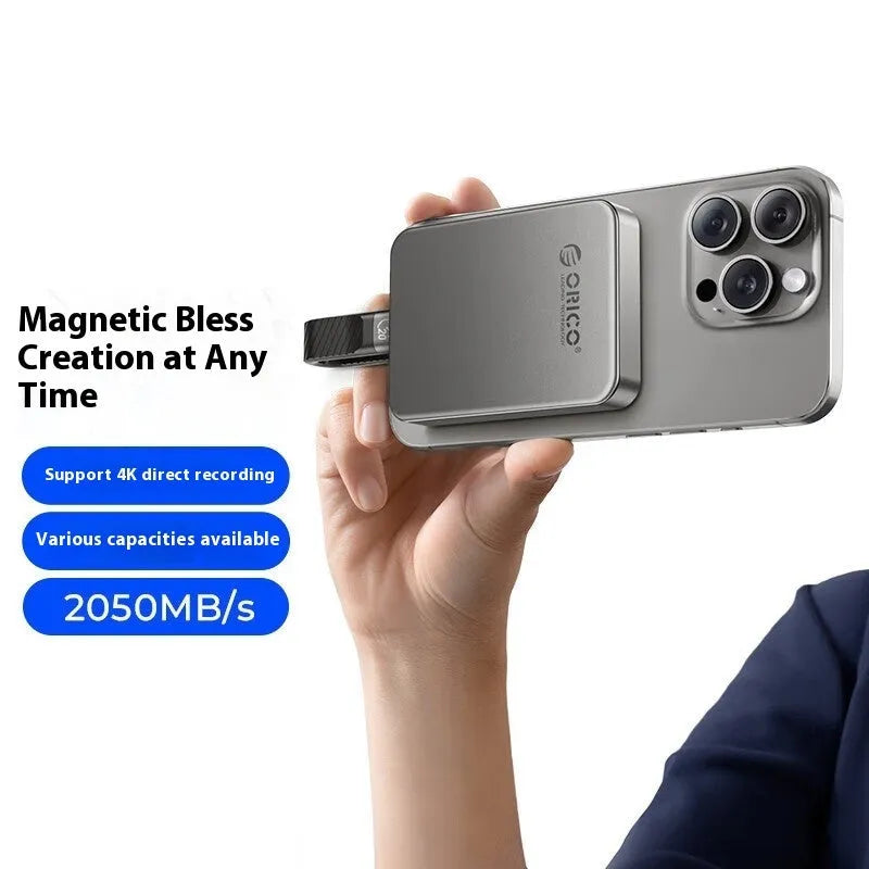 Grey ultra-thin magnetic mobile SSD external hard drive with magnetic ring and C to C cable
