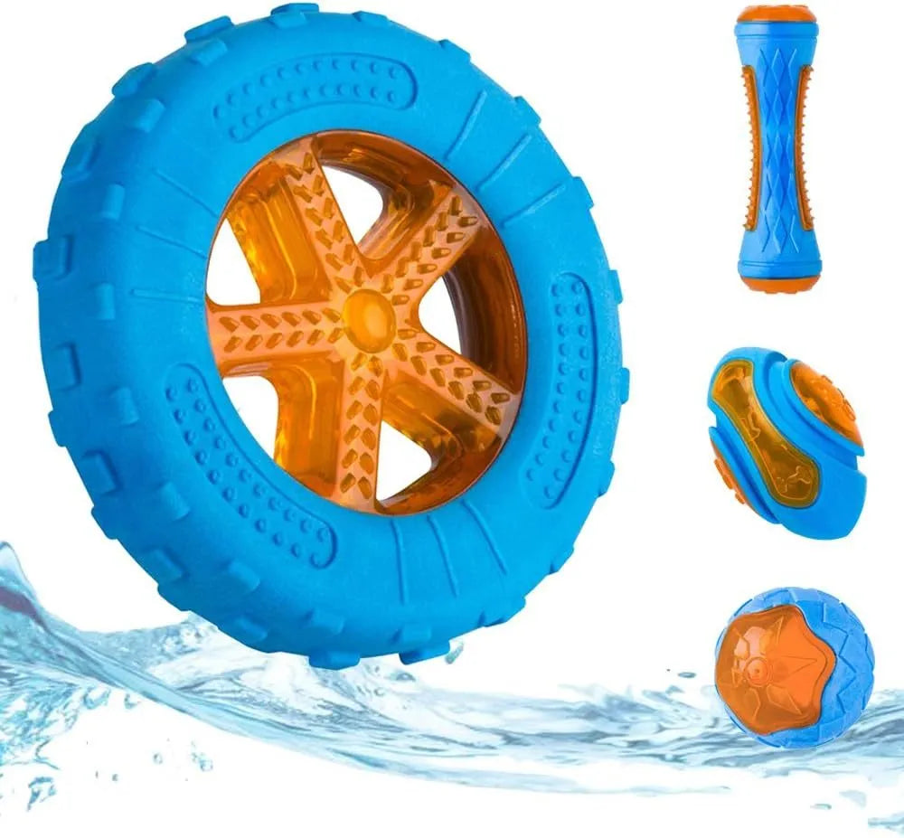 Set of three floating dog toys: blue ball, red barbell, and orange tyre with squeakers