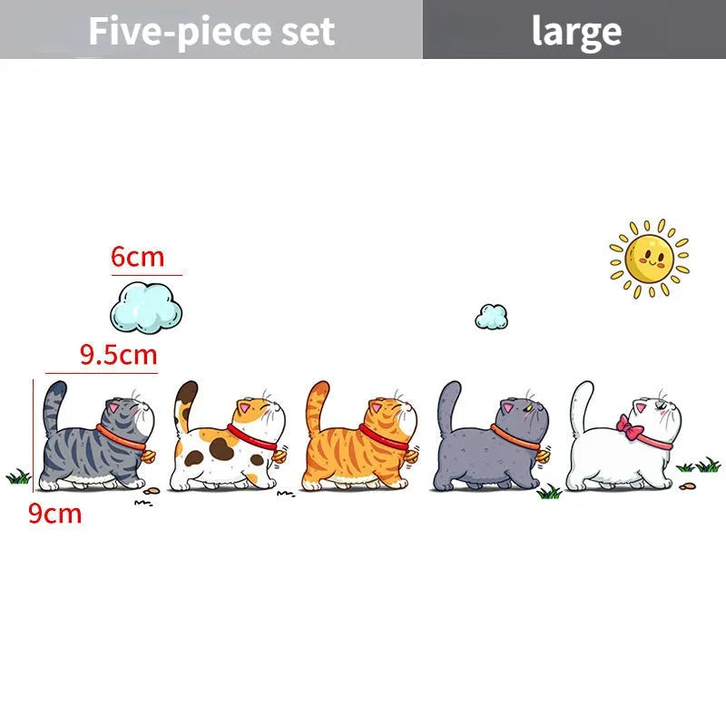 Waterproof PVC car sticker decal showing a design of five cats walking, available in three sizes.