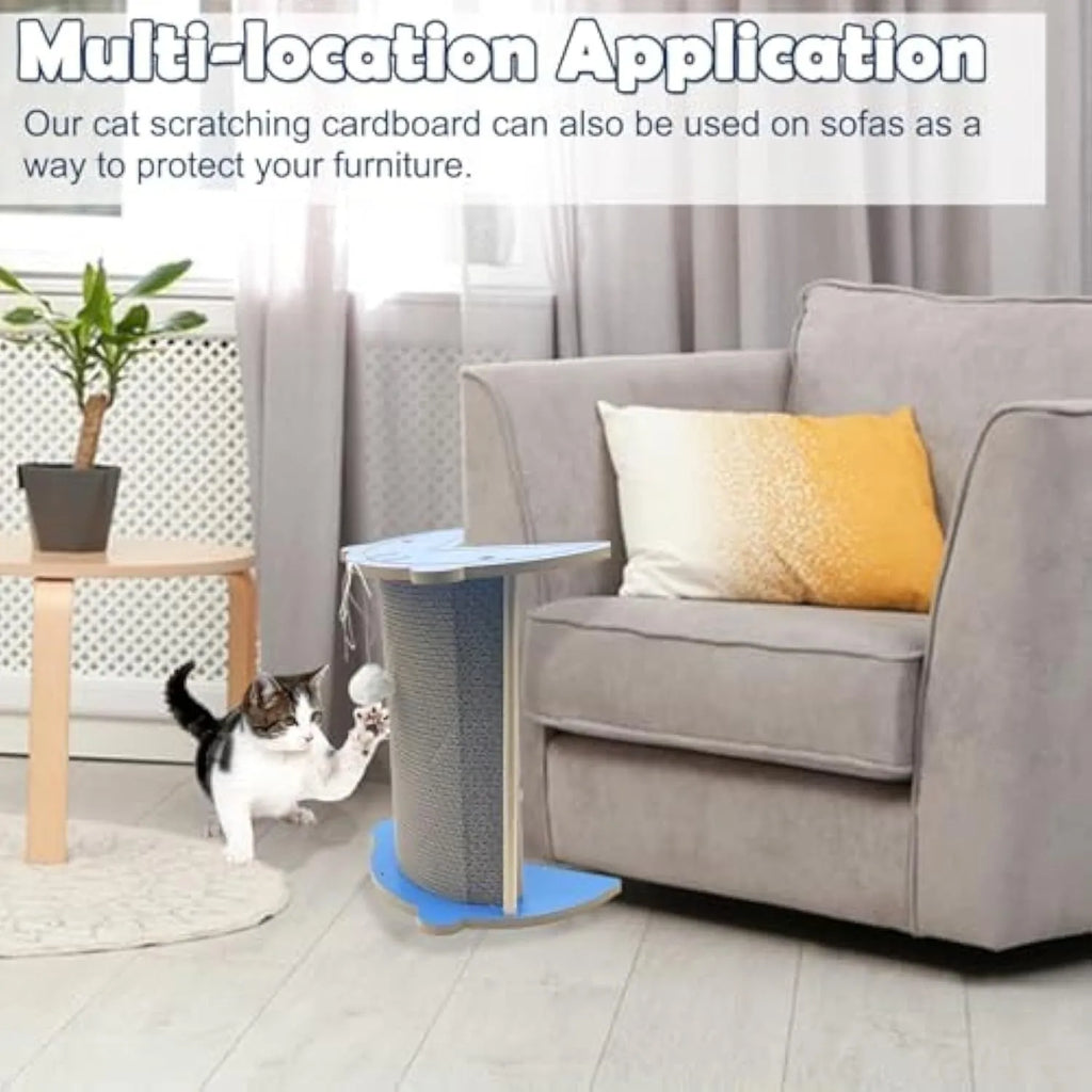 Triangular corner cat scratching pad with hanging ball toy against wall