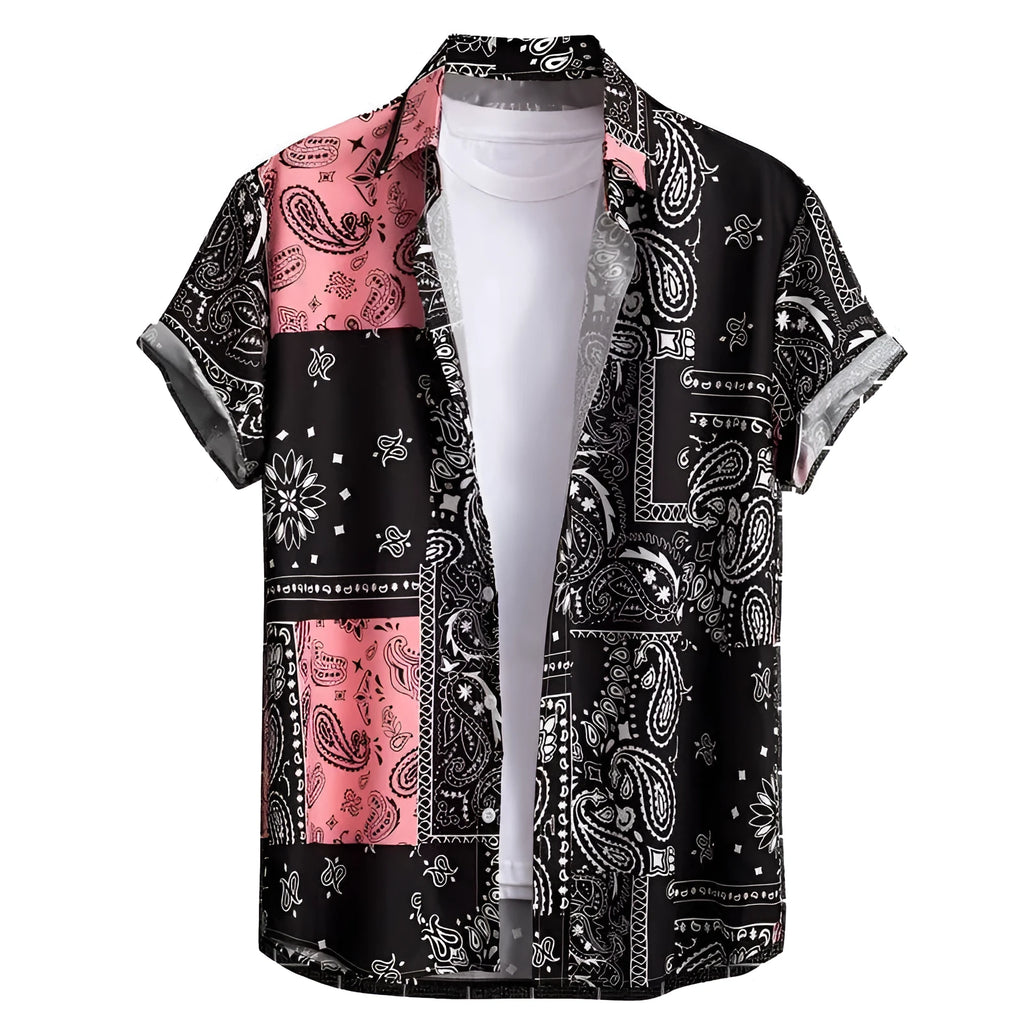 Man wearing a slim fit, short sleeve Hawaiian shirt with a cardigan style in a colourful digital print pattern.
