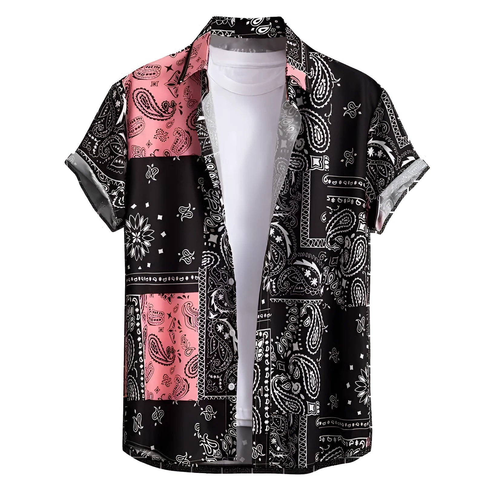 Man wearing a slim fit, short sleeve Hawaiian shirt with a cardigan style in a colourful digital print pattern.