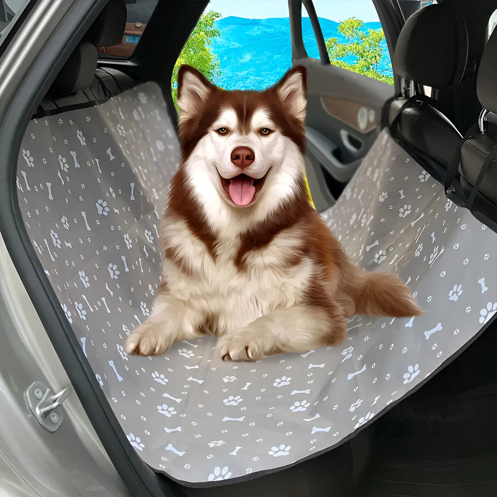 Grey dog bone print water resistant car pet mat measuring 140x110cm on a car rear seat.