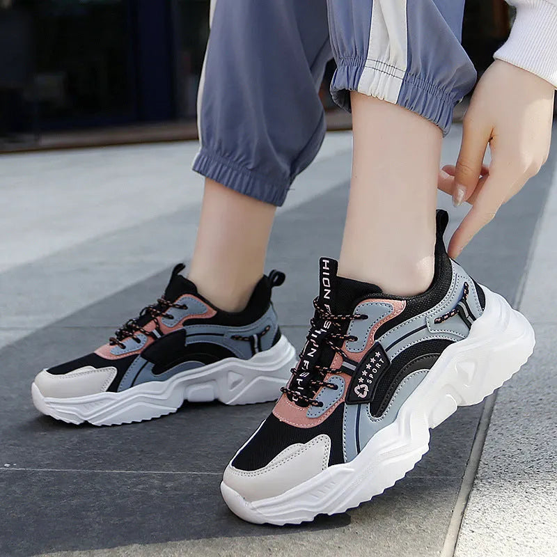 Women's white and moonlight thick-soled casual sports shoes with mesh uppers and round toe