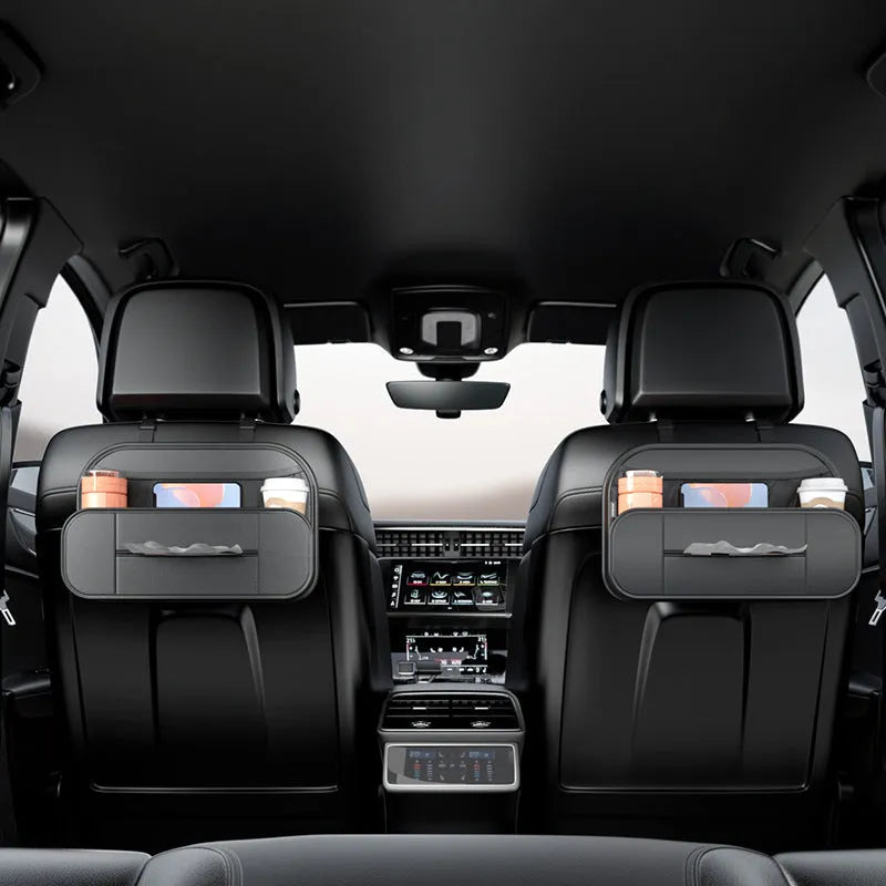Black leather car seat rear storage bag showing 36cm width measurement