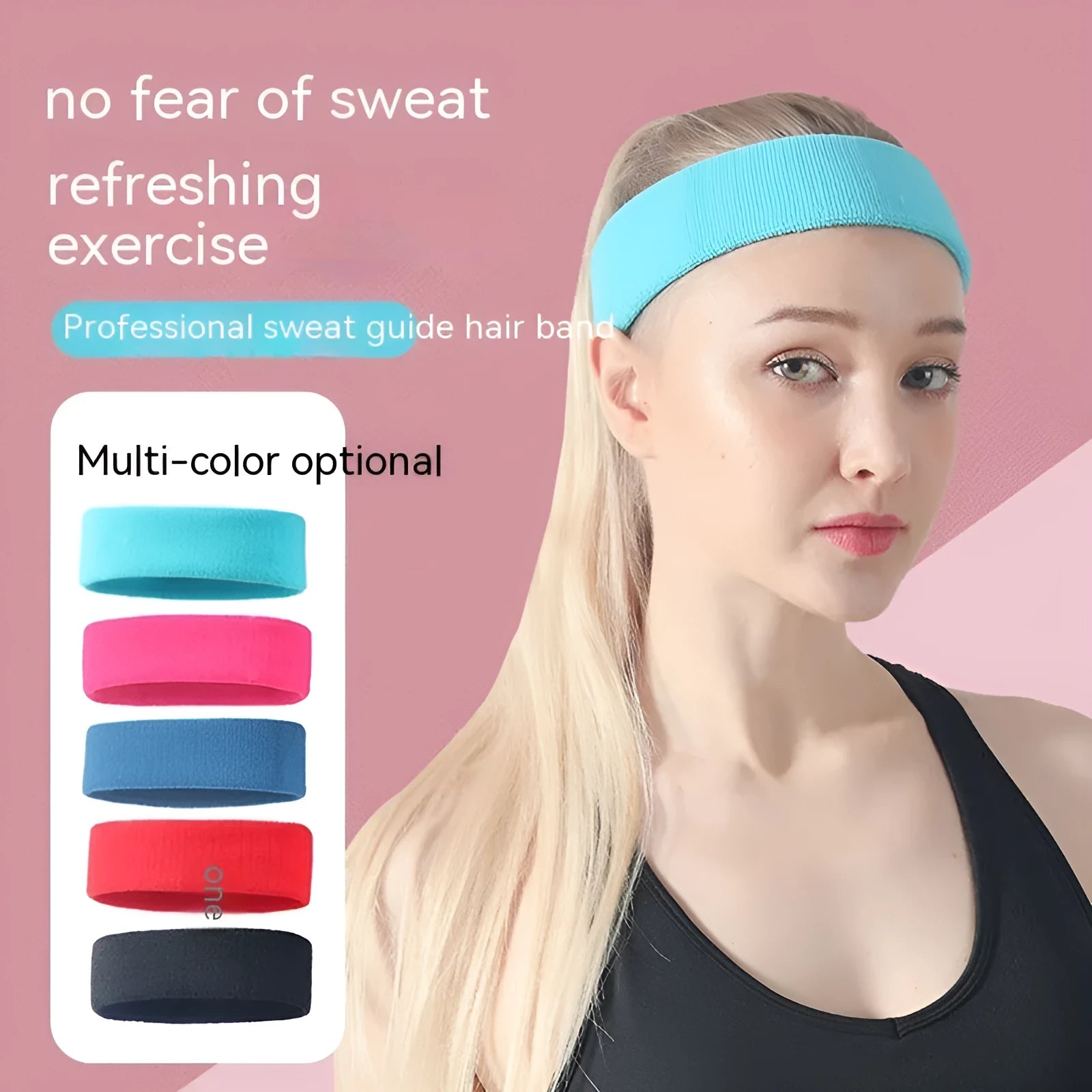 Elastic solid colour sports sweatband in black, shown stretched to demonstrate fit.