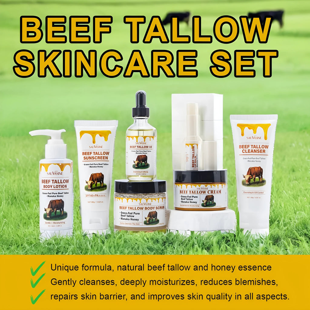Seven-piece skincare set showing butter honey cleanser, face cream, lip balm, protective cream, body lotion, facial scrub, and beef tallow soap.