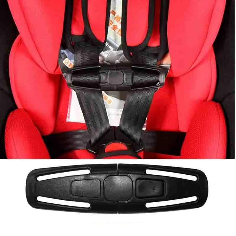 Black nylon seat belt buckle clip for child car seat harness, dimensions 14.5cm by 4cm.