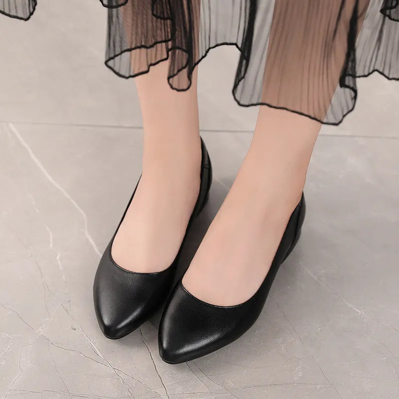 Autumn cowhide flat pointed low-cut shoes in beige with low heel and buckle fastening
